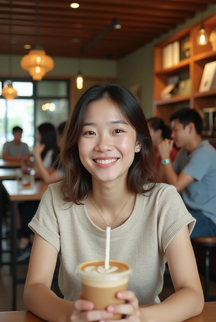 Young Japanese woman drinking latte at Starbucks cafe。Wearing a short-sleeved summer knit。Selfie style。