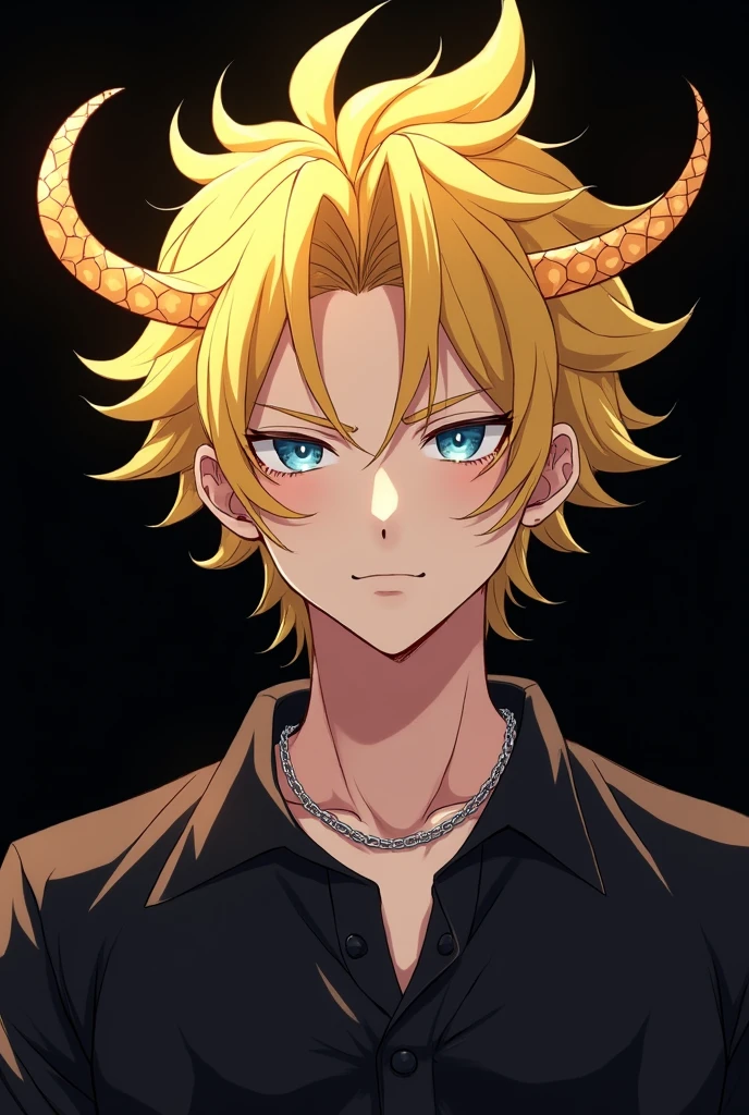 Make a picture of a male anime character with blond hair, golden horns and a black polo shirt with a silver necklace