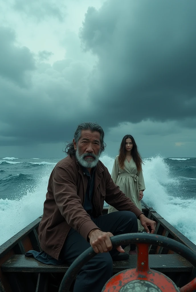 a photo,Shot with Canon EOS camera,Asian fishing boat,The old captain is driving the boat in the cockpit,Beautiful woman looking at the scenery,Storm at sea,Clouds