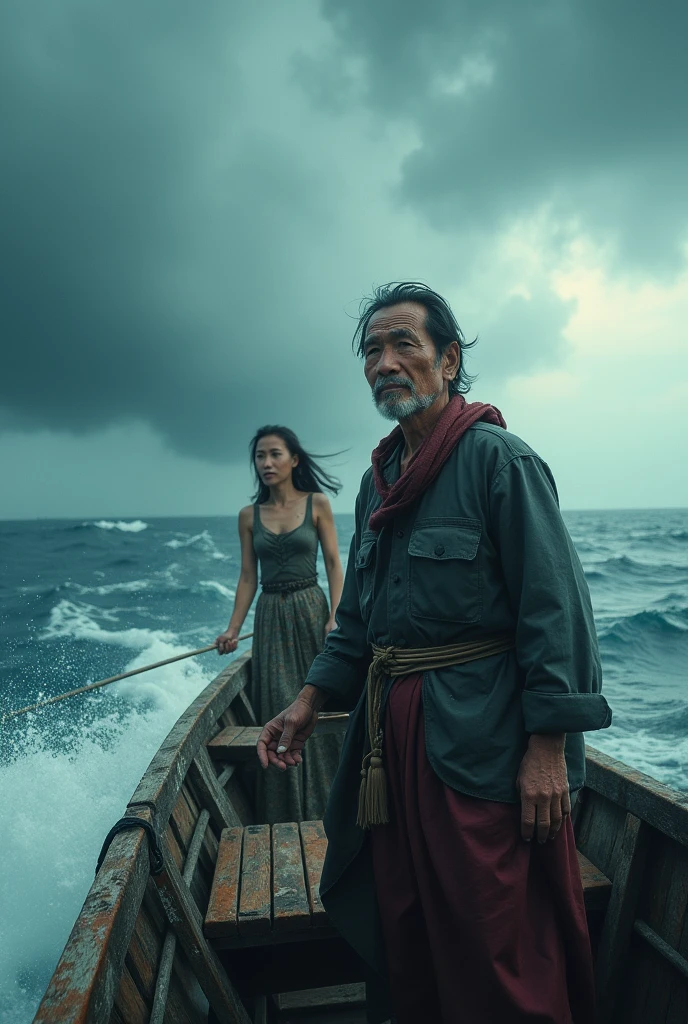 a photo,Shot with Canon EOS camera,Asian fishing boat,The old captain is driving the boat in the cockpit,Beautiful woman looking at the scenery,Storm at sea,Clouds