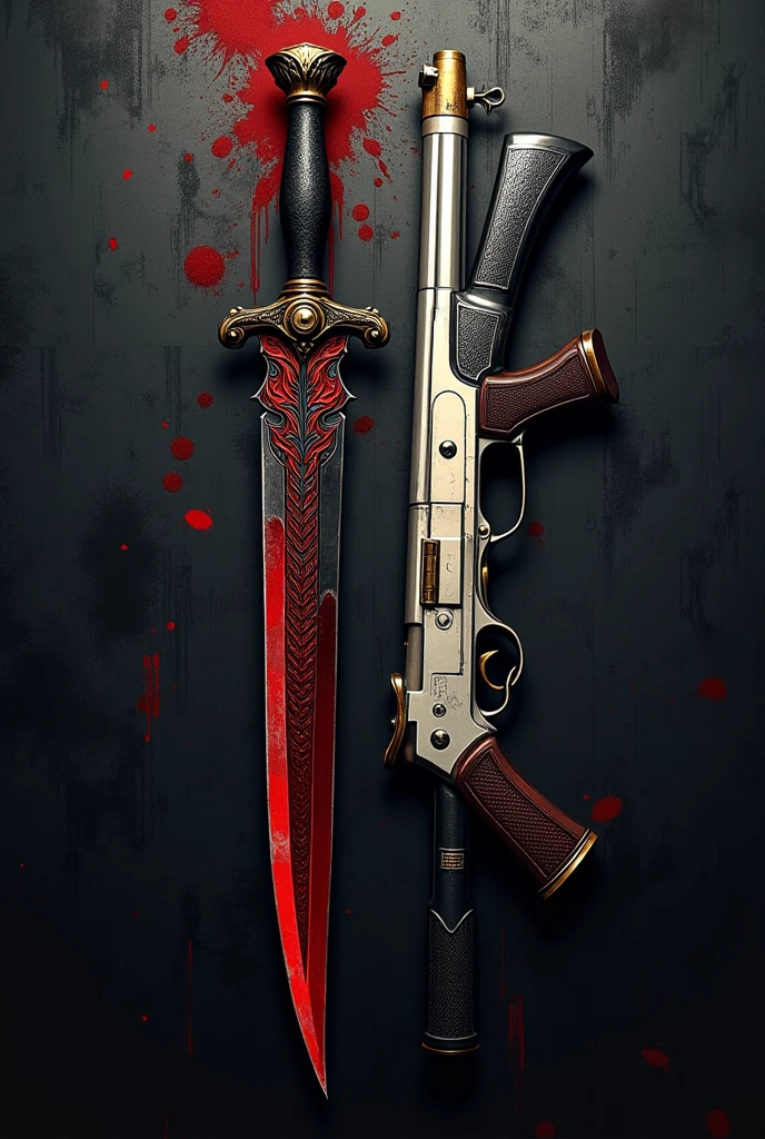 Header design: A bloody black and red scaled dagger and a pure white and gold shotgun. The background is a city with lots of blood stains.