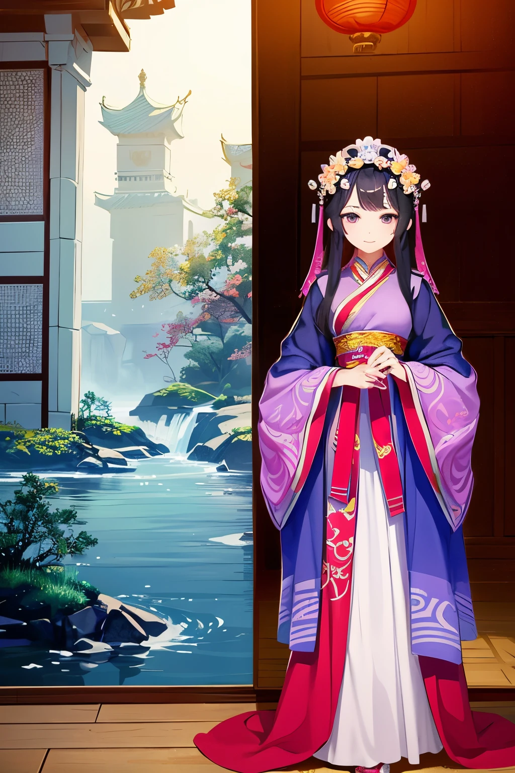 a beautiful young asian girl, 1, wearing a traditional servant costume in ancient chinese style, standing in a wuxia-inspired pose and looking directly at the camera, (best quality,4k,8k,highres,masterpiece:1.2),ultra-detailed,(realistic,photorealistic,photo-realistic:1.37),intricate detailed dress, delicate facial features, flawless skin, long eyelashes, penetrating gaze, ornate hair accessories, ancient chinese architecture in the background, warm lighting, vivid colors