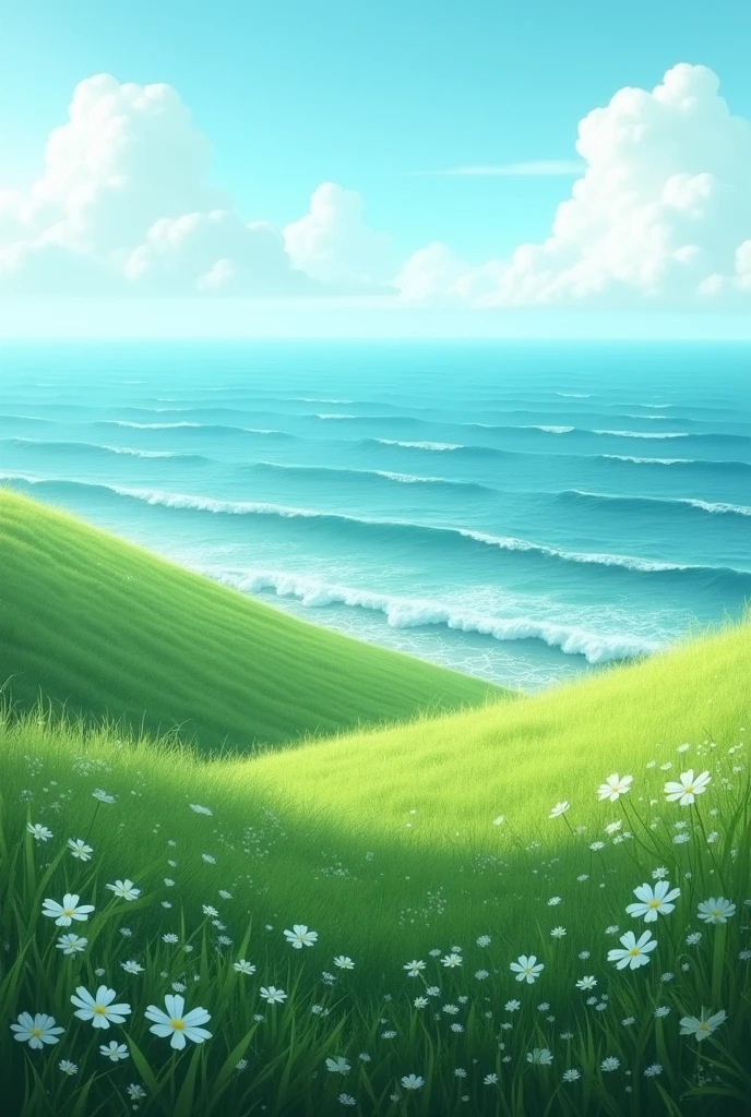 "Create a hyper-realistic landscape image of an ocean with dynamic waves moving forward approaching the The background should feature lush, expansive flat meadows with no mountains, stones, rocks, or other higher structure than ocean The sky should be a gradient of blue and aqua colors, with no sun or moon present. Ensure the scene evokes tranquility and natural beauty. No flowers except white . Greenery should be lower in the height of ocean .