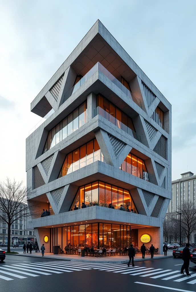 Fast food outdoor design in the city of Tehran, Iran, with a cold climate, in 3 floor ,in the style of decunstruction
architecture