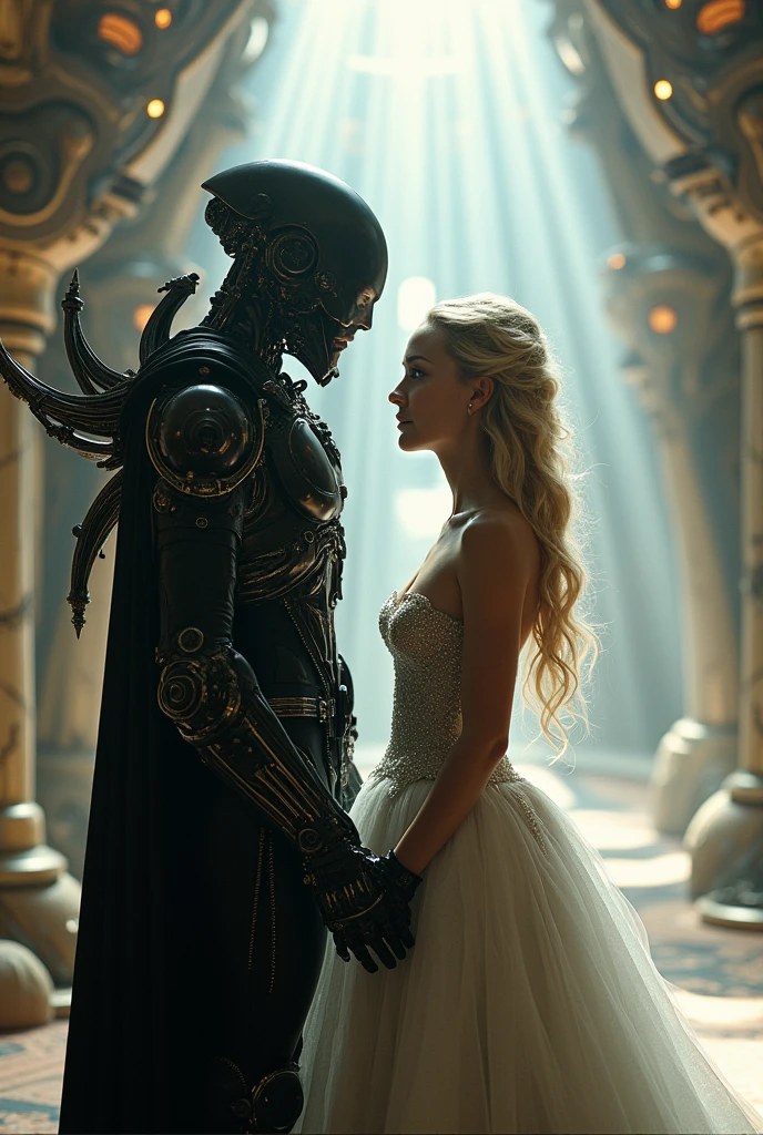 necrons and mechanicus from warhammer 40k in a wedding dress), (sci-fi theme) suit black hair, dress striking silver hair, Futuristic atmosphere Emphasizes radiance pure atmosphere Intricate details of the outfit A soft but bright light shines from above. Intimate and romantic atmosphere Highly detailed, exceptionally detailed, cinematic quality, emotionally charged scenes.