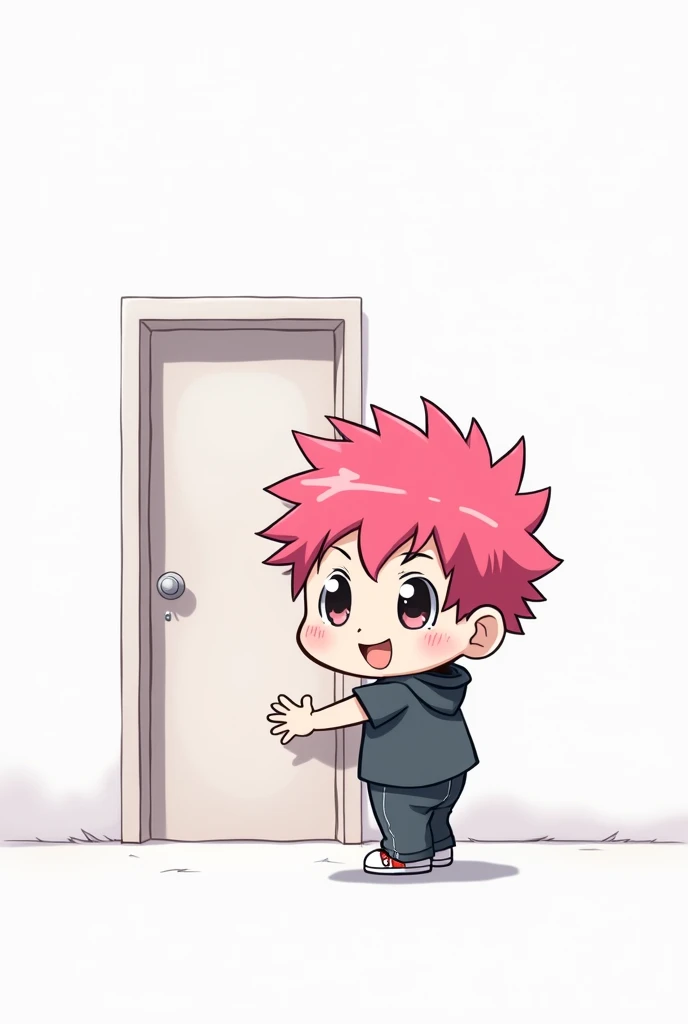 anime chibi boy pink hair open the door and withe backgound