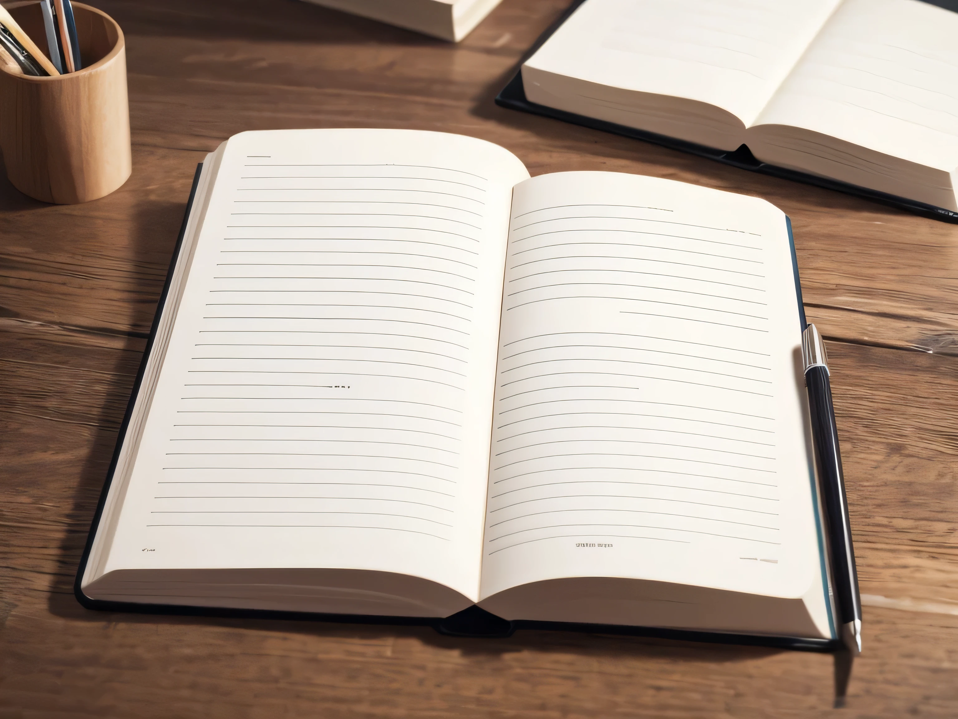 A thick A4 notebook open on a wooden desk No characters are written Viewed from diagonally above