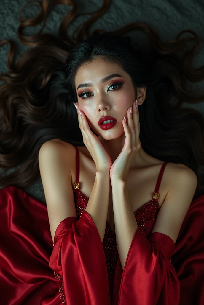 

Title: "Dark Siren"
Description: An exotic Asian princess reclining pose with the subject lying on a luxurious dark fabric, looking up with a seductive gaze and hands on her face.
Makeup: Deep emerald-toned eyeshadows with a glossy dark lip and shimmering highlighter.
Hairstyle: Long flowing waves with a touch of metallic sheen.
Outfit: A high-fashion red silk gown with intricate beading and embellishments.
Details: Focus on the luxurious textures and the ethereal dark beauty of the look.