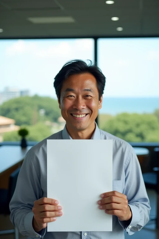 A 40-year-old Japanese office worker looks into the camera. Uncle smiled brightly, holding a job application with a photo covering more than half of his face. His eyes lit up with humor. . Behind him is the office scene with a window view overlooking the park next to the sea.. Real person photo. Zoom close up. That application is the application that I accept to edit for students.