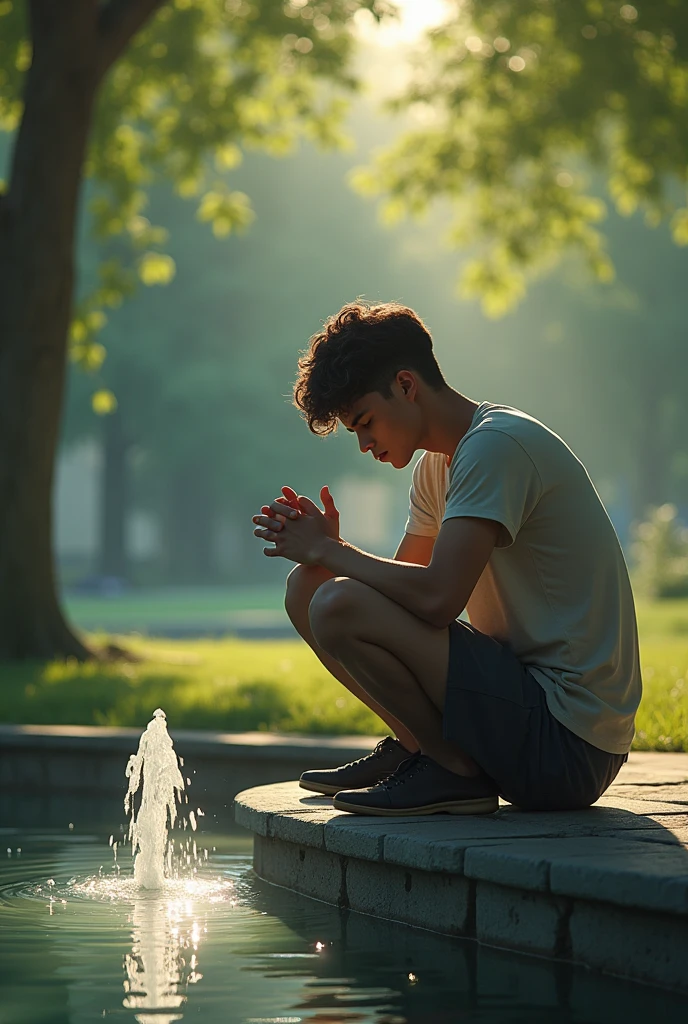 A young man is sitting on the edge of a small fountain in a park, his posture hunched and his hands clasped tightly in his lap. He looks down at the water, his eyes filled with a mix of sadness and hope as he thinks about the young, beautiful girl he loves. In his mind, he pictures her appearing in the park, a smile on her face as she walks toward him. The surrounding park is calm, with soft sunlight filtering through the trees, but the young man’s focus is entirely on the vision of his love, re