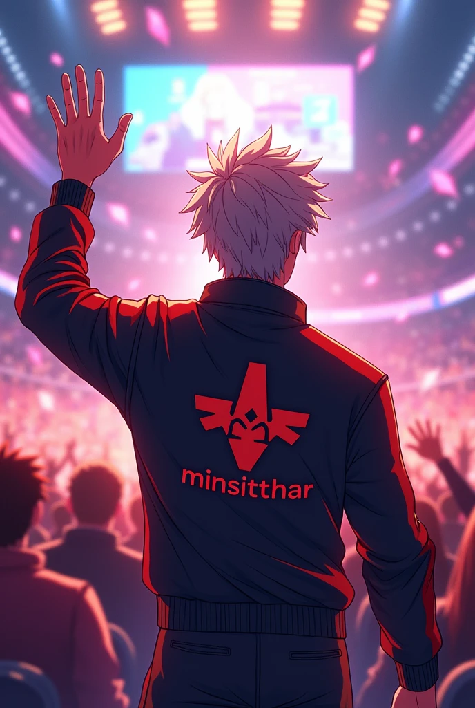 A man wearing a jacket, he is facing away showing the "Minsitthar" Logo on the back and is waving to the audience in the middle of a tournament
I want it to be anime
The man will be 2,Half with a beauty tone but lighter hair and red eyes,