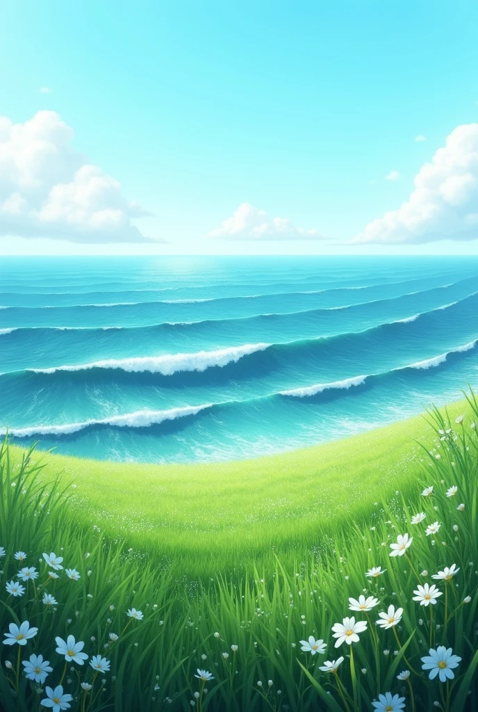 "Create a hyper-realistic landscape image of an ocean with dynamic waves moving forward approaching the The background should feature lush, expansive flat meadows with no mountains, stones, rocks, or other higher structure than ocean The sky should be a gradient of blue and aqua colors, with no sun or moon present. Ensure the scene evokes tranquility and natural beauty. No flowers except white  . Greenery should be lower in the height of ocean . 