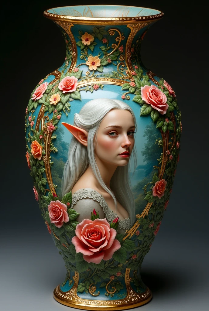 an epic vase that have a beautiful female elf portrait, some roses decorate the vase elf fantasy garden background