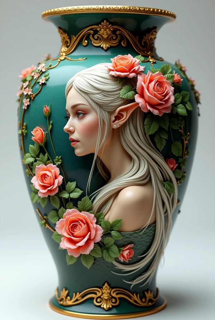 an epic vase that have a beautiful female elf portrait, some roses decorate the vase elf fantasy garden background