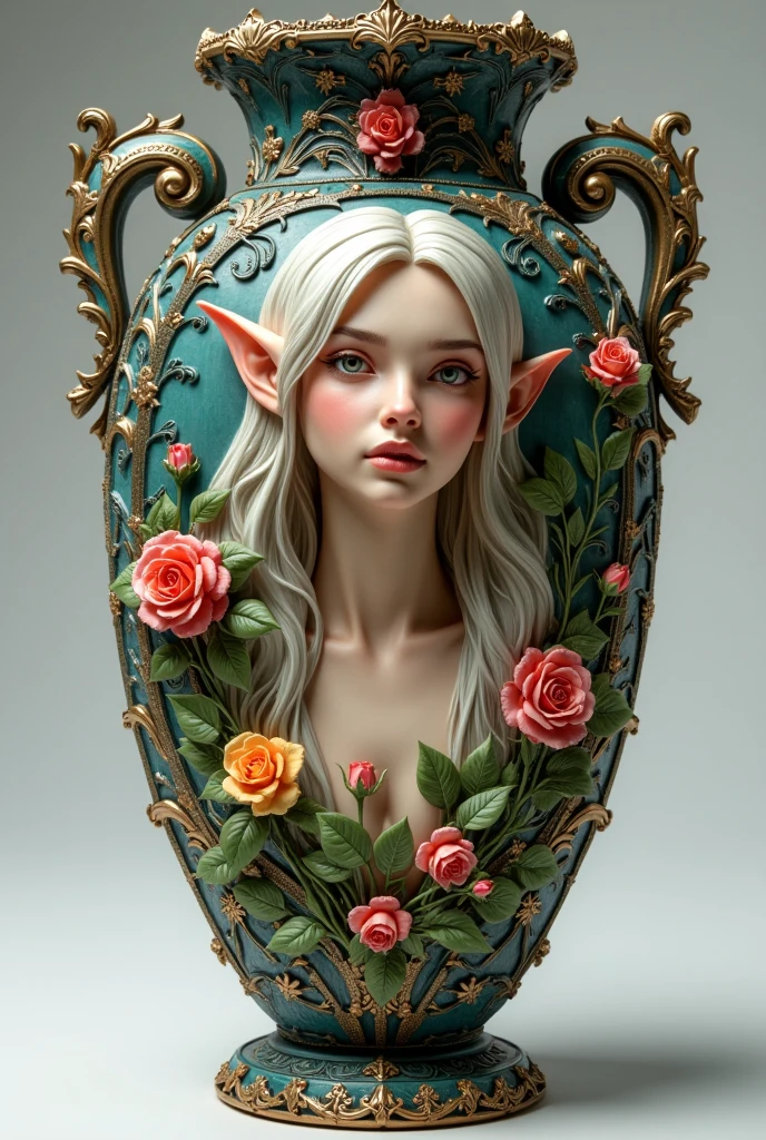 an epic vase that have a beautiful female elf portrait, some roses decorate the vase elf fantasy garden background
