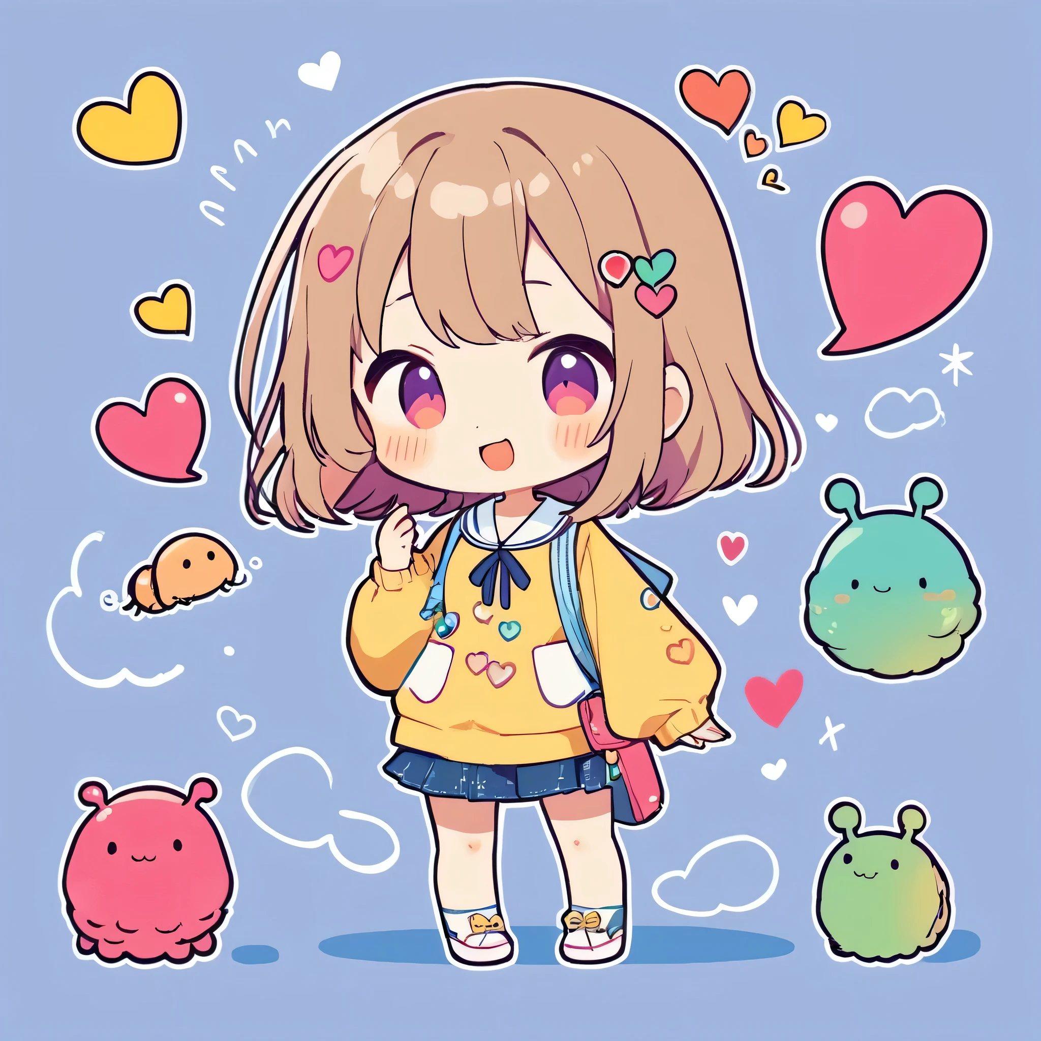 Makoto Shinkai colorful style, Simple Line Initialism,Abstract art,Kawaii Design, The most beautiful girl of all time、chibi, (((Cute pillbugs))), colorful hearts, summer version