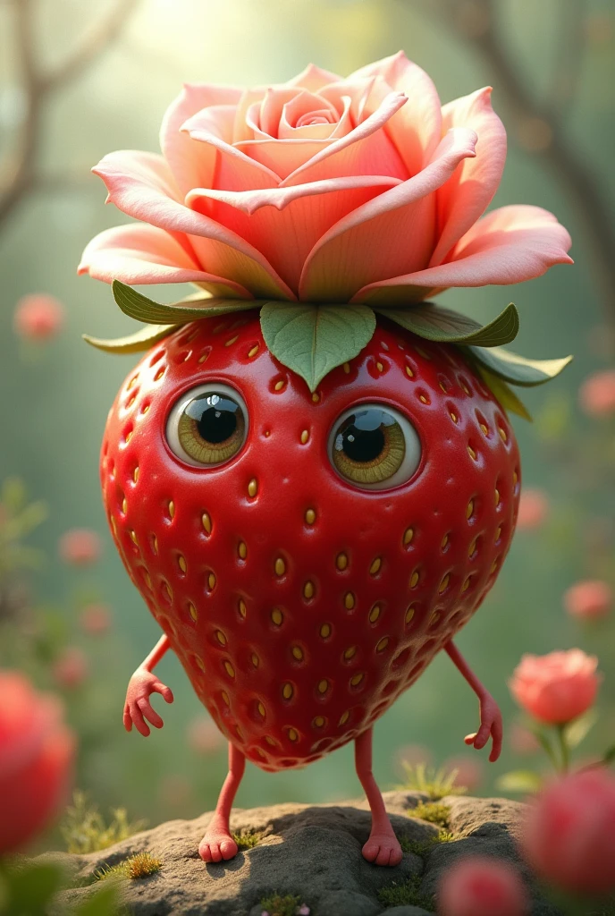 strawberry that has eyes and smile and petals like rose
