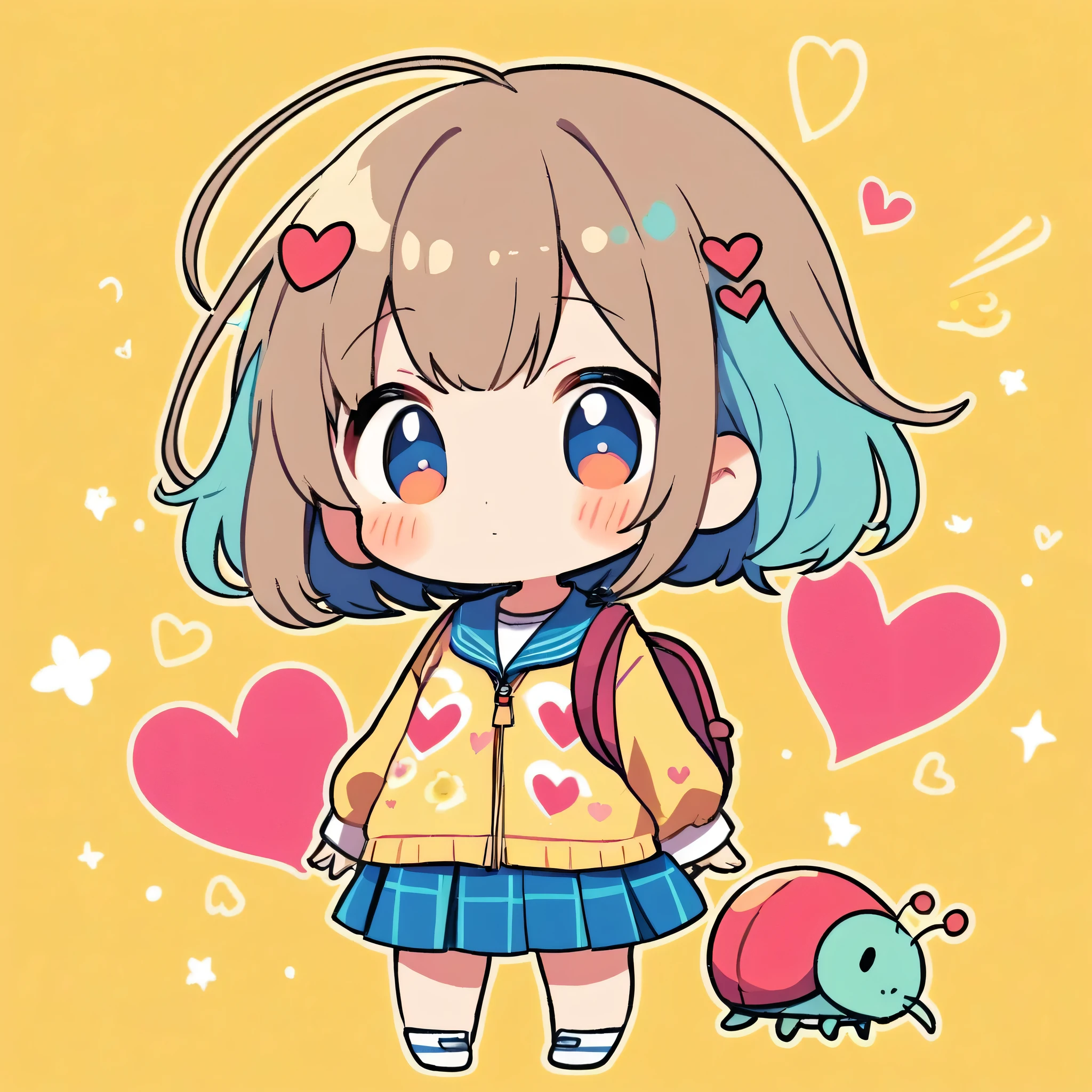 Makoto Shinkai colorful style, Simple Line Initialism,Abstract art,Kawaii Design, The most beautiful girl of all time、chibi, (((Cute pillbugs))), colorful hearts, summer version