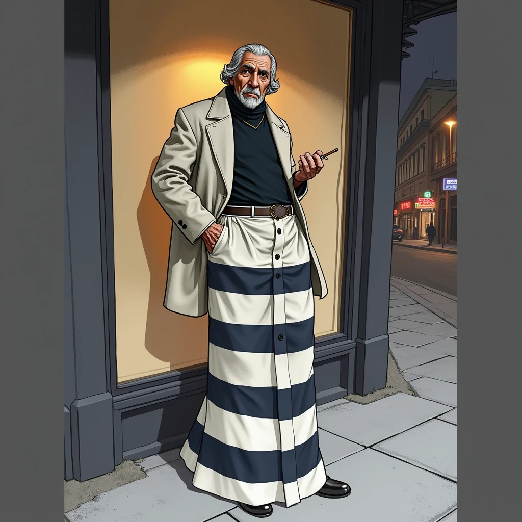 draw the realistic philosopher Machiavelli in the present day where he is in a city at night, leaning against a wall, smoking