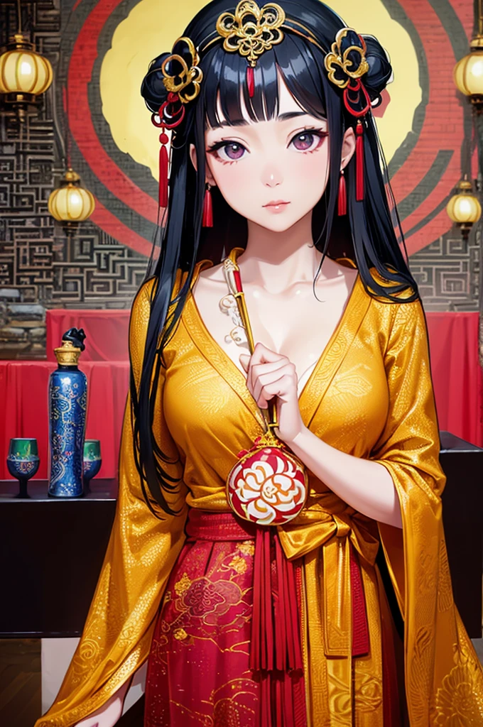 a beautiful young asian girl, 1, wearing a traditional servant costume in ancient chinese style, standing in a wuxia-inspired pose and looking directly at the camera, (best quality,4k,8k,highres,masterpiece:1.2),ultra-detailed,(realistic,photorealistic,photo-realistic:1.37),intricate detailed dress, delicate facial features, flawless skin, long eyelashes, penetrating gaze, ornate hair accessories, ancient chinese architecture in the background, warm lighting, vivid colors