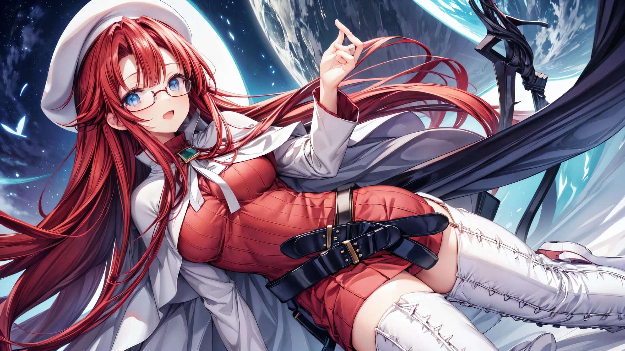 summonnightaty, aty, (young:1.3),long hair, blue eyes, red hair, large_breasts, glasses,
BREAK long hair, thighhighs, dress, glasses, belt, cape, sweater, zettai ryouiki, beret, thigh boots, white footwear, ribbed sweater, loose belt,solo,
BREAK outdoors, fantasy,,
,Highquality_hads,perfect_fingers,
BREAK (masterpiece:1.2), best quality, high resolution, unity 8k wallpaper, (illustration:0.8), (beautiful detailed eyes:1.6), extremely detailed face, perfect lighting, extremely detailed CG, (perfect hands, perfect anatomy),(covered_navel:0.8) ,half_eyes,hold_long_sword,sleepy_eyes,red_sweater,magical_effect, book,teacher,rise_knee,Smile,r,look_down_viewer,rise_hand,open_arms,night_town_landscape,plump,open_mouth, dynamic_posing,solo,put_hand_on_head