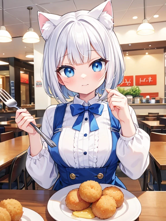 Freshly fried croquettes, With a fork and knife、White cat girl eating deliciously, Cat ear, Bobcut, Blue Eyes, Food Court, indoor,