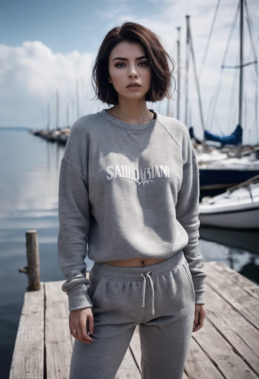 a expressive woman,Blunt bob,Brunette,Athleisure Comfy sweatpants in a soft grey fleece material.,claw pose,,Calm sky with sailboats on the horizon,Middle Ages,Grunge style Textured distressed vintage edgy punk rock vibe dirty noisy,style by Misha Gordin,bokeh professional 4k highly detailed,Fujichrome Provia 100F,split lighting,AM