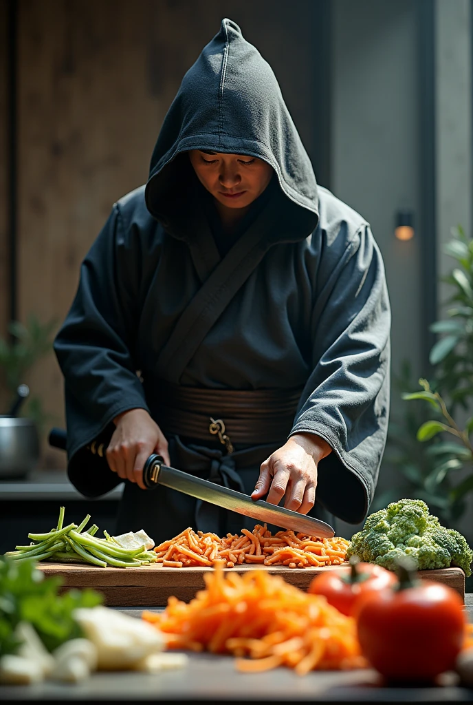 The legendary samurai is slicing and slicing vegetables.