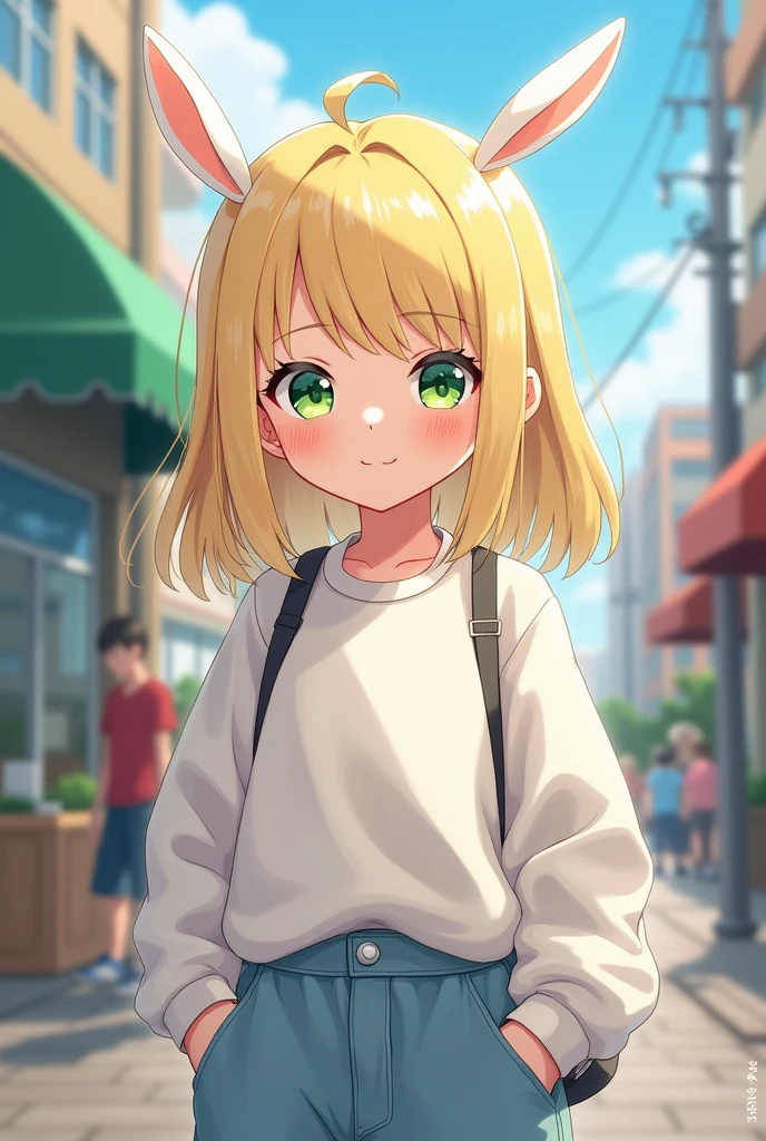 Straight, whitish yellow hair, green eyes, droopy eyes, fuzzy look, anime-like streetwear clothing
