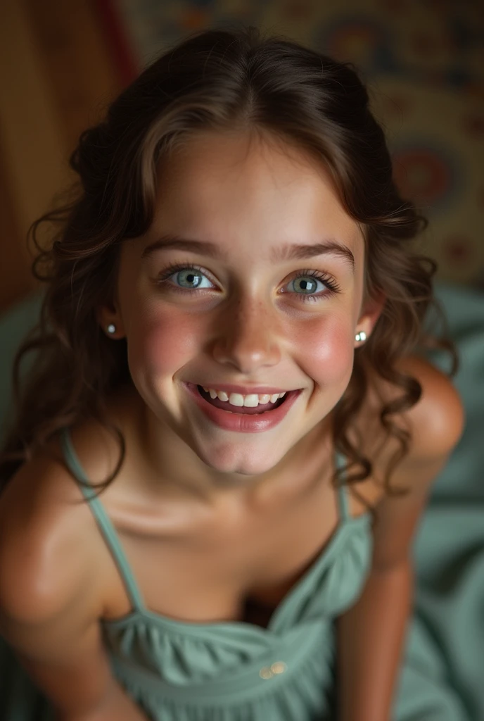 Young girl,   18, extremely detailed face, blue eyes, 
Oval Face Shape: She has an oval-shaped face, which is generally well-balanced, with a slightly wider forehead and gently narrowing towards the chin.
Prominent Cheekbones: Her cheekbones are high and well-defined, giving her face a sculpted appearance.
Full Lips: has naturally full lips, which add to her distinctive look.
Wide-Set Eyes: Her eyes are large and slightly wide-set, adding to the symmetry of her face.
Fair Skin with Freckles: Her complexion is fair with a natural sprinkling of freckles, particularly across her nose and cheeks, which is a recognizable feature of her appearance., top angle, cleavage, Sharp focus on face, dark room