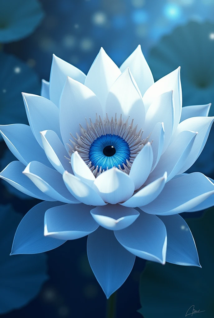 Make a lotus flower in white and blue with petals that open and close in an infinite cycle with an expressive and realistic male blue eye in the center