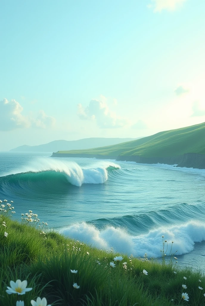 "Create a hyper-realistic landscape image of an ocean with dynamic waves moving forward approaching the The background should feature lush, expansive flat meadows with no mountains, stones, rocks, or other higher structure than ocean The sky should be a gradient of blue and aqua colors, with no sun or moon present. Ensure the scene evokes tranquility and natural beauty. No flowers except white only  . Greenery should be lower in the height of ocean . 