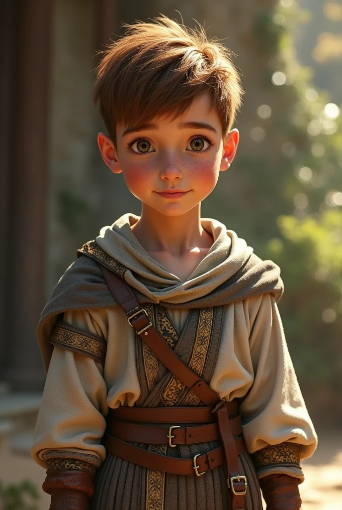  boy from the Middle Ages, His clothes are a mix between Viking and Greek, His hair is very short (almost shaved) and chestnut, like his eyes and thin build. Image style: realistic with disney touches 