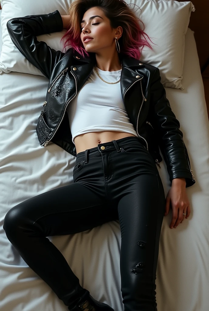 A beautiful sleeping in bead wearing t-shirt with leather jacket splattered with water, wet black skinny jeans and black high heel ankle boots, ((show boots)), gradient hair, shiny wet patches on jeans, and wet patches on t-shirt with leather jacket. The positon in sleeping should be straight.


