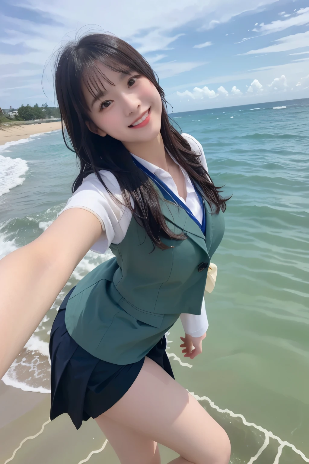 RAW Photos, (8k), (Highest quality:1.2), (Genuine), (Genuine:1.37), Ultra-high resolution, High school girl selfie, (One Woman, half Korean and half Ukrainian, 80% Korean, she is standing on the beach. RAW Photos, 8k, Highest quality, Ultra-high resolution, Beautiful facial details, Genuine human skin, Gentle expression, front, Angle from below, Hair length, Genuine, cute, Short skirt, Ocean, cute high school girl, she is a little wet with Ocean water in Japanese uniform, kimono, surGenuine high school girl, Lesbians all over, Big Breasts, Upper Body, Face close-up, Big smile