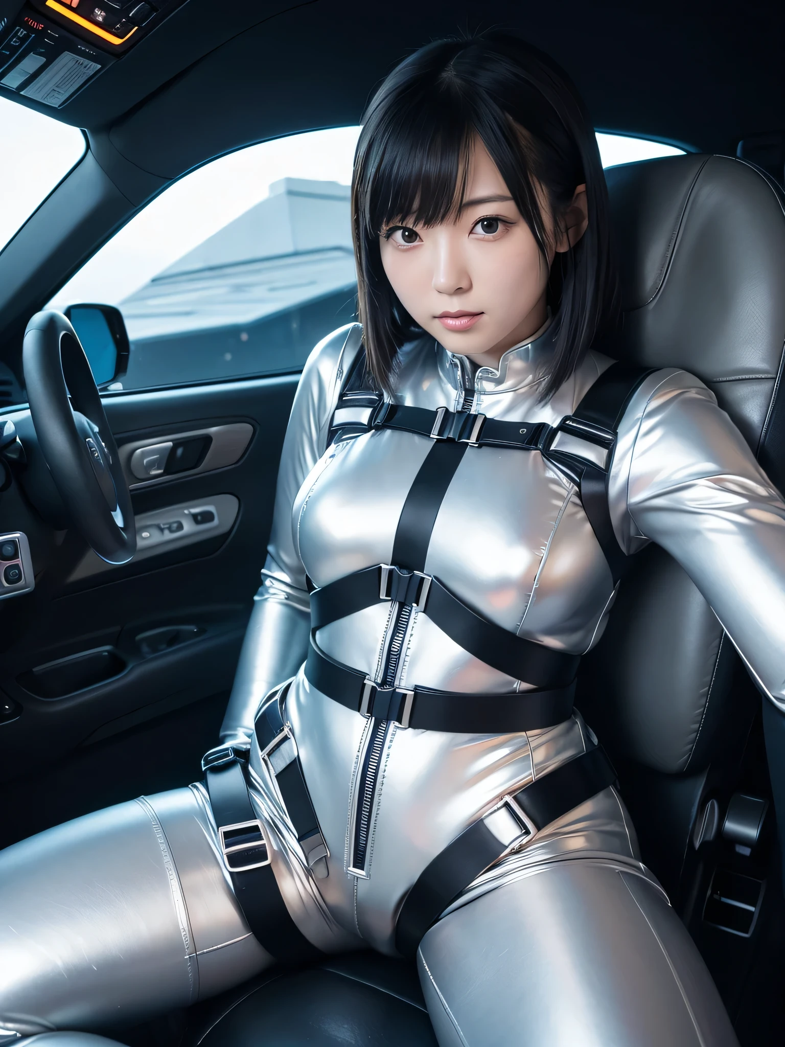 Japanese female android,Silver shiny robot suit,Wide-legged squats,Black Hair,Space capsule,I was completely strapped to my seat in the cockpit with a thick harness and couldn&#39;t move.,universe space