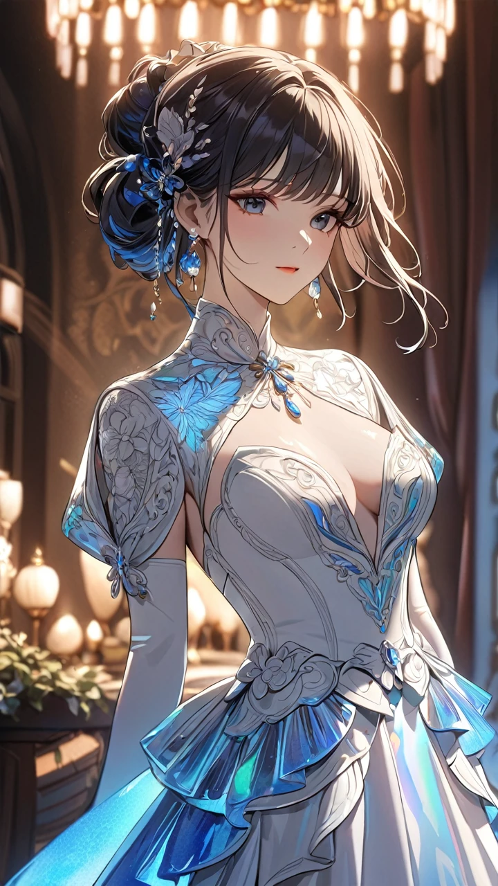 1girl, detailed ceramic figurine, intricate porcelain skin texture, delicate hand-painted facial features, serene expression, elegant flowing dress, ornate ceramic decorations, warm lighting, dramatic chiaroscuro, cinematic composition, highly detailed, best quality, prismatic, holographic, chromati caberration