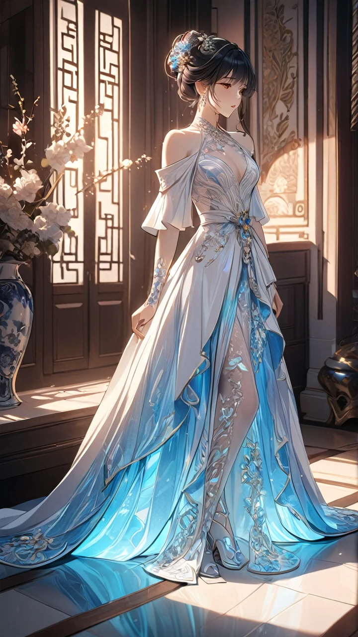 1girl, detailed ceramic figurine, intricate porcelain skin texture, delicate hand-painted facial features, serene expression, elegant flowing dress, ornate ceramic decorations, warm lighting, dramatic chiaroscuro, cinematic composition, highly detailed, best quality, prismatic, holographic, chromati caberration