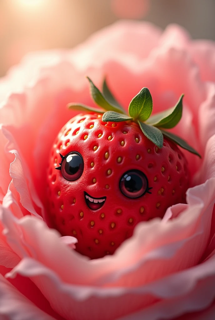 strawberry that has eyes and smile and petals like rose