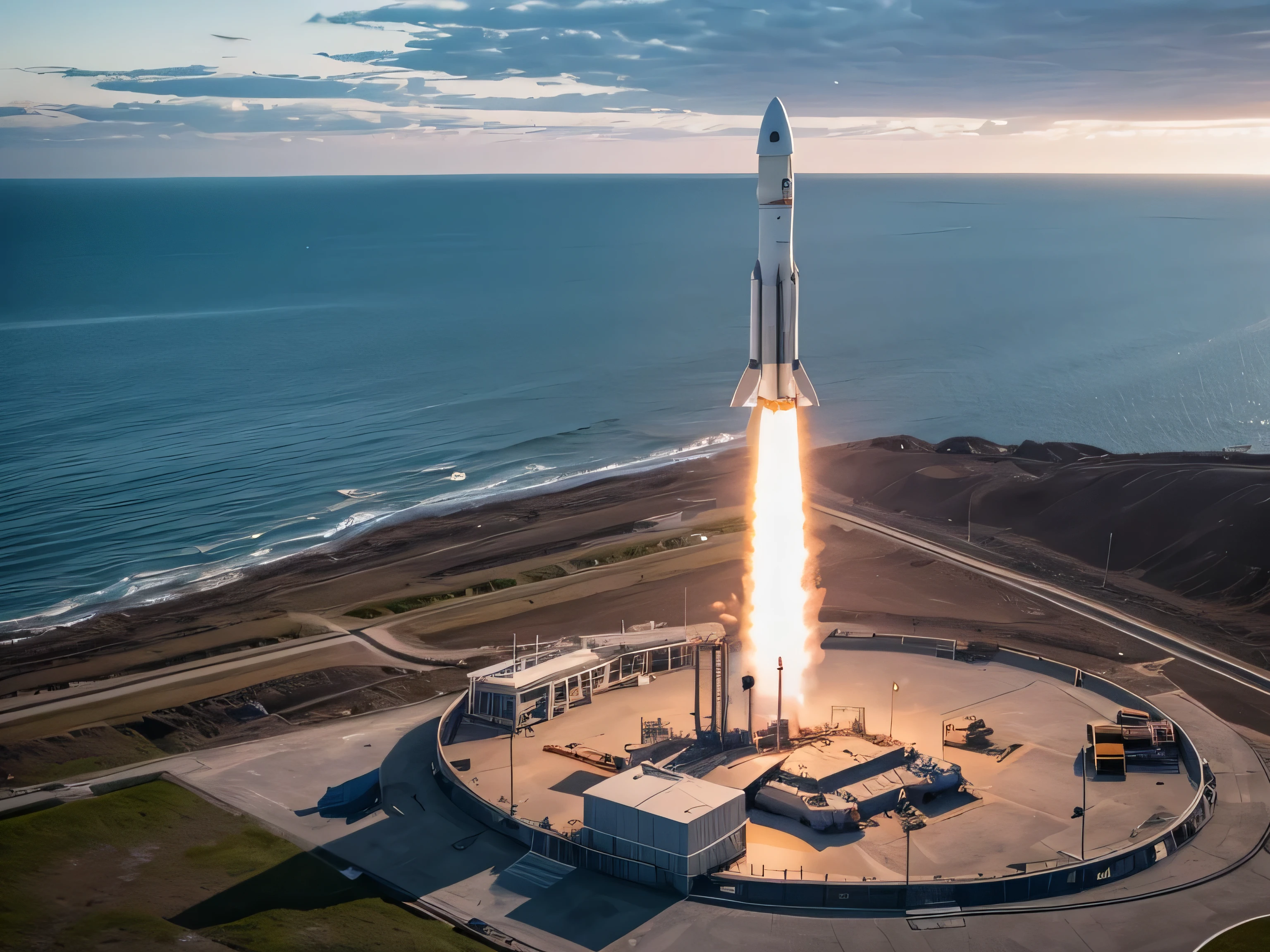 A rocket launching from a ground launch pad The weather is sunny Launch site near the sea