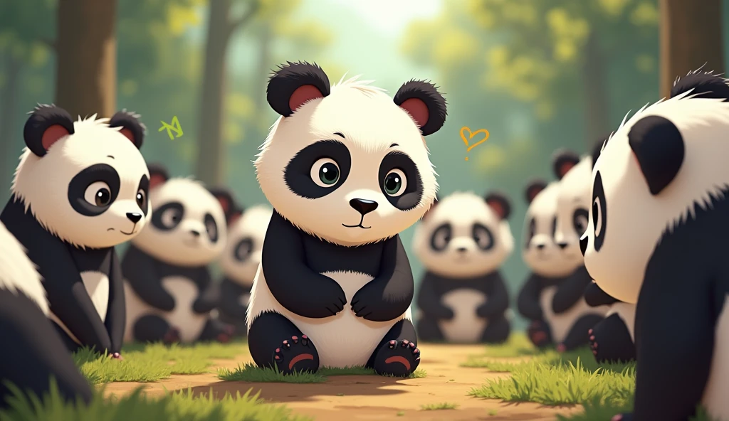 Draw Pandu, a young panda, looking serious and contemplative, facing a tough decision. Surround him with the guardian pandas, all in a cartoon style with clear, expressive faces. Use vibrant colors and a whimsical tone to highlight the gravity of the decision while maintaining the animated style.
panda with human-like features (such as expressive eyes and a friendly demeanor)
