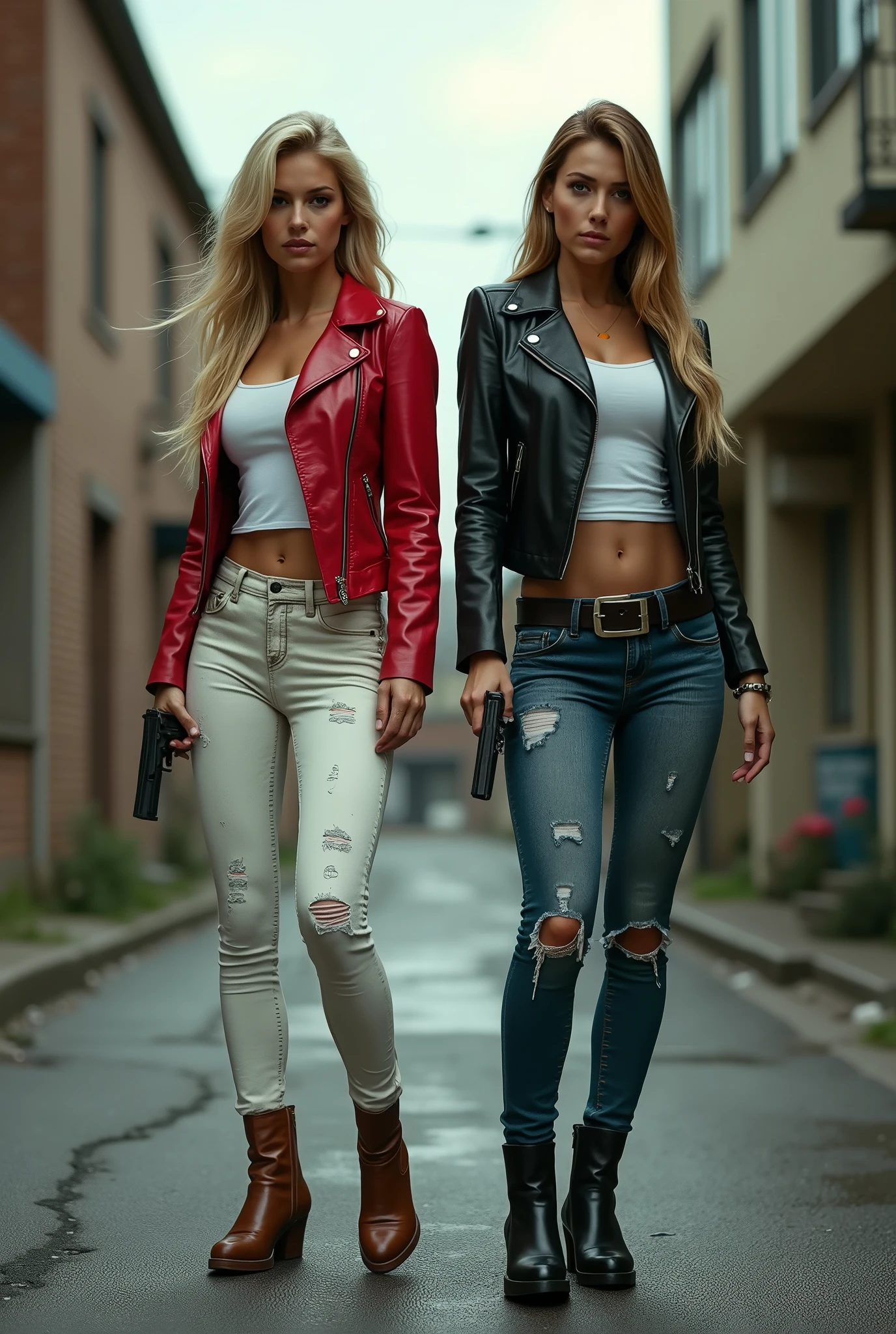 ( Photorealistic、Full live-action version、masterpiece、(Composition looking up from the ground、Express everything in minute detail))、2 female detective、Blonde Long Hair、Long legged police woman、((Standing with legs apart, Ultra low angle, Perfect perspective、Looking up at a beautiful girl)), (Red leather jacket and tight white shirt、Tight white dirty denim、Brown Leather Boots)、(Black leather jacket and tight white shirt、Tight faded distressed denim、Black Leather Boots)、Sexy leg lines、Beautiful female detective、Desolate backstreets、(Holding a pistol、Active pose、Gunfight、Be wary of your surroundings)、((Everyone is showing their backs、Round beautiful butt))