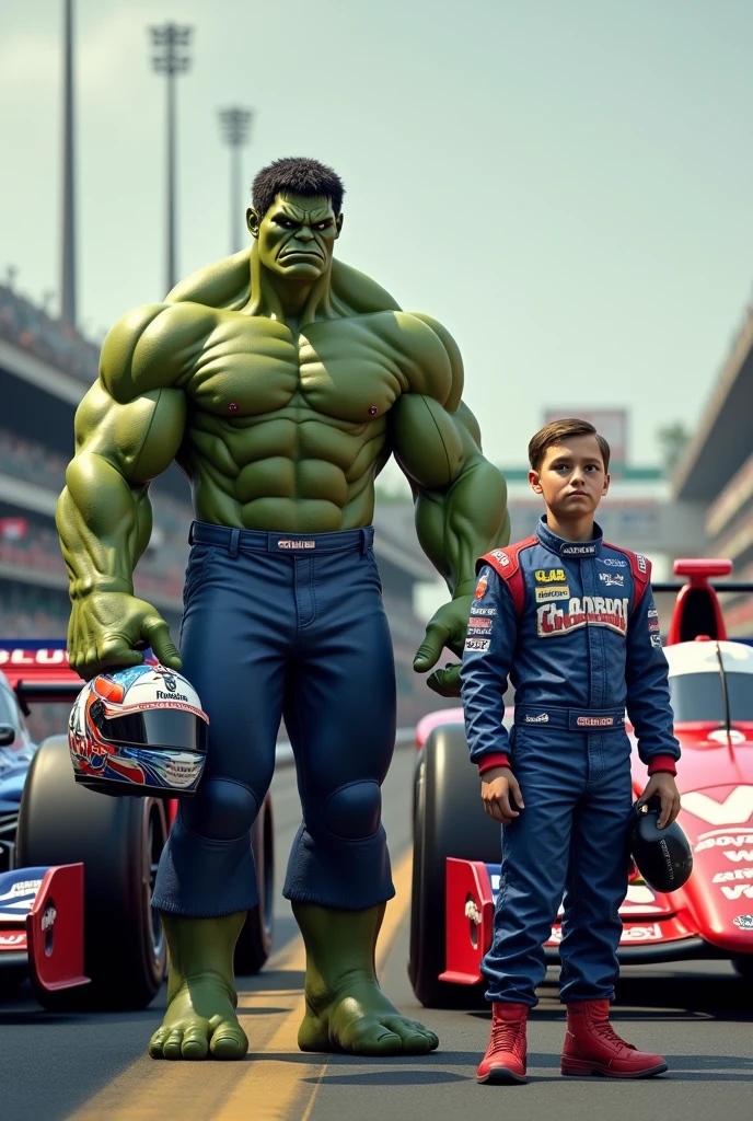 Hulk America as a racing car driver next to his car with a driver costume and helmet in hand and near to his son as a racing car driver next to his car with a driver costume and helmet.