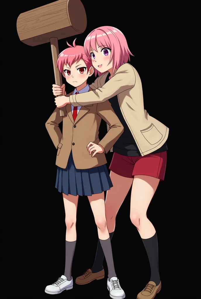 an anime style character with short pink hair, gathered in two small buns. He wears a school uniform consisting of a brown jacket., a white blouse, a red tie, and a pleated blue skirt. besides, He wears long white socks and school shoes.. The character has a serious or determined facial expression, with hands on hips, and the background is completely black, highlighting the character figure Being hugged By a female character with pink hair, dressed in a beige jacket, a short black t-shirt, red shorts and black long socks. She holds a large wooden hammer in both hands. The character style is similar to that of a video game character or 3D animation.. As Mother and Daughter