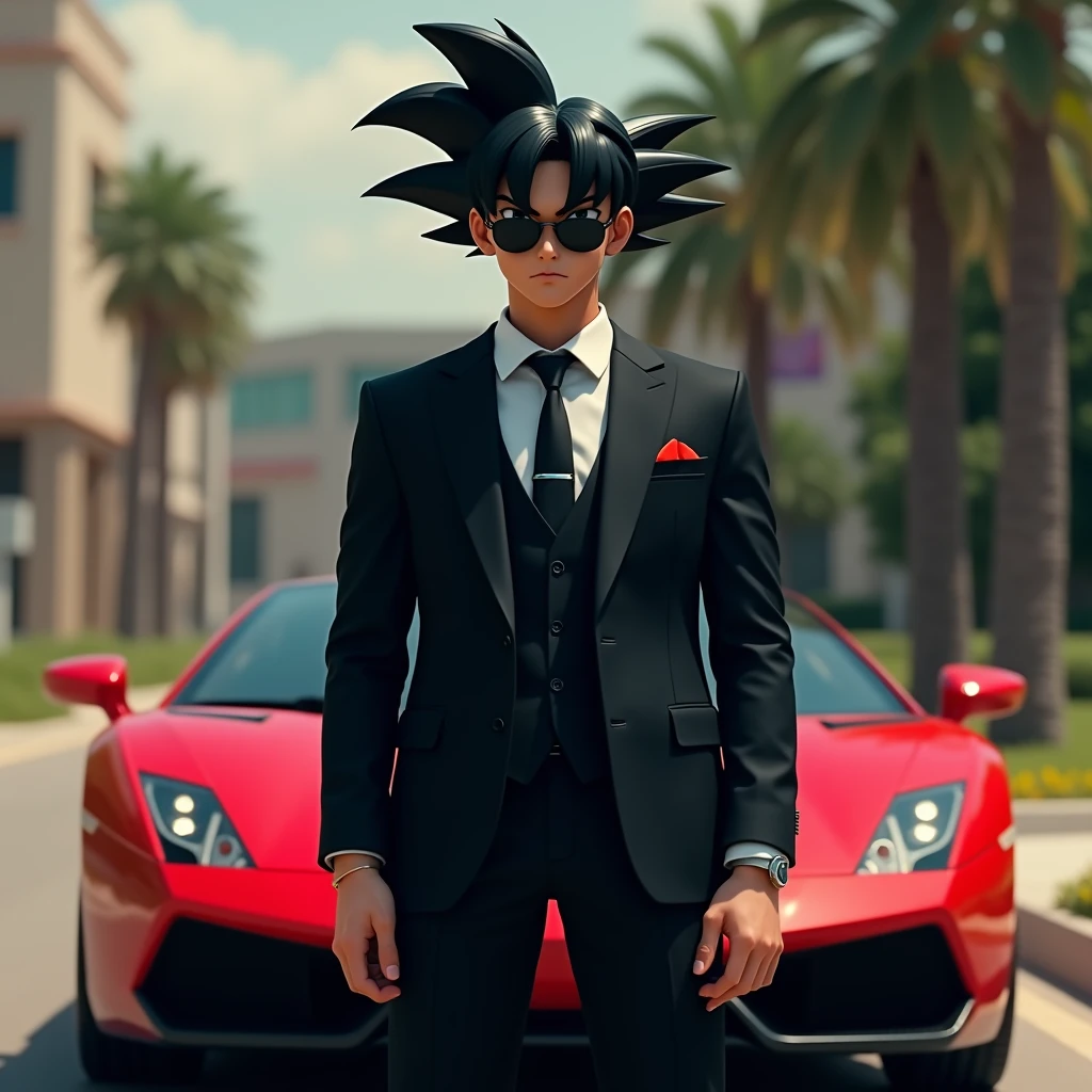 Son Goku,solo,male focus,wearing a black bodyguard suit, wearing black sunglass, standing in front of an red Lamborghini car , photorealistic, hyper realistic, intricate details, high resolution, high quality, cinematic, depth of field,