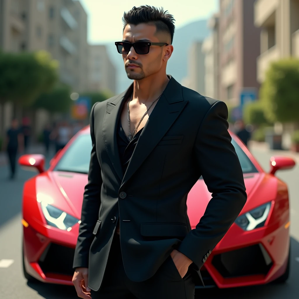 Son Goku,solo,male focus,wearing a black bodyguard suit, wearing black sunglass, standing in front of an red Lamborghini car , photorealistic, hyper realistic, intricate details, high resolution, high quality, cinematic, depth of field,