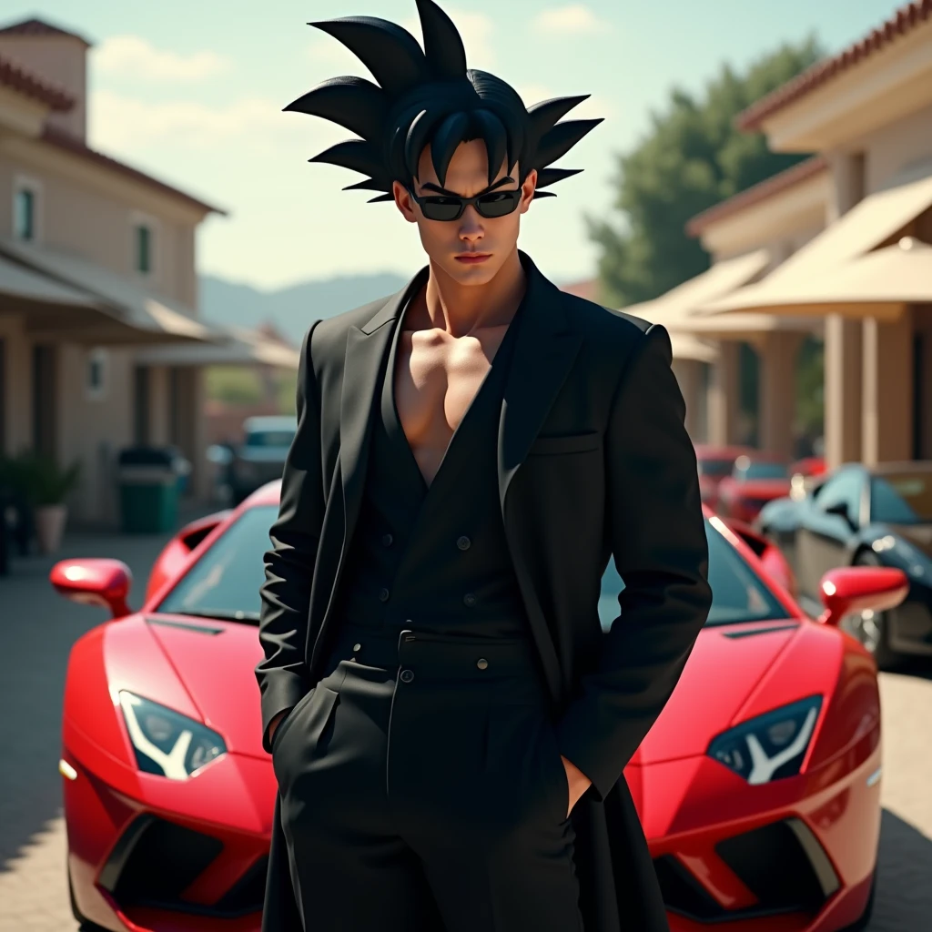 Son Goku,solo,male focus,wearing a black bodyguard suit, wearing black sunglass, standing in front of an red Lamborghini car , photorealistic, hyper realistic, intricate details, high resolution, high quality, cinematic, depth of field,