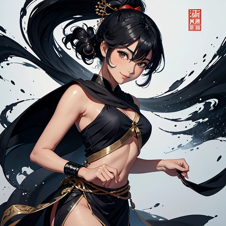 Girl, long dark iridescent hair, iridescent eyes, large thighs covered with martial art pants, small waist, small breast, taoist wear