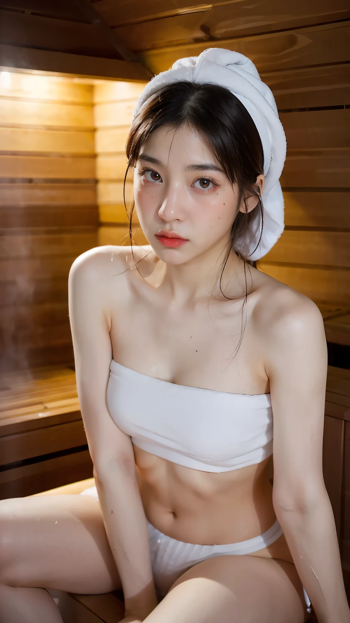 1Girl, Solo, (Masterpiece, Best Quality, 8K,,Photorealistic, real girl, mulberry:1.37), looking up at viewer, 1 dainty Japan, Slender body type: 1.1, Small breasts, Sitting, sauna, Double eyelids, Droopy Eyes, A dark-haired, (Sweaty face, Sweaty body: 1.2): 0.2, (White Oversized Towel Dress, strapless), (small in size, White Towel Turban: 1.1), Finnish sauna, realistic body, makeups, Gloss slip, focus on face, smaller face, Sharp focus, Layered Cut, facing the viewer, The sauna has the following.., shot from the front