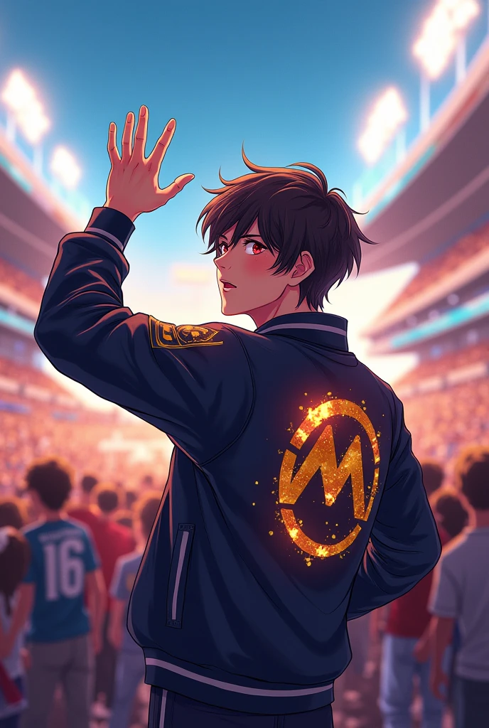 A man wearing a jacket, he is facing away showing the "Minsitthar" Logo on the back (The logo has to be half golden and slightly shiny) and is waving to the audience in the middle of a tournament

I want it to be anime 

The man will be 2,Half with a beauty tone but lighter hair and red eyes, 
